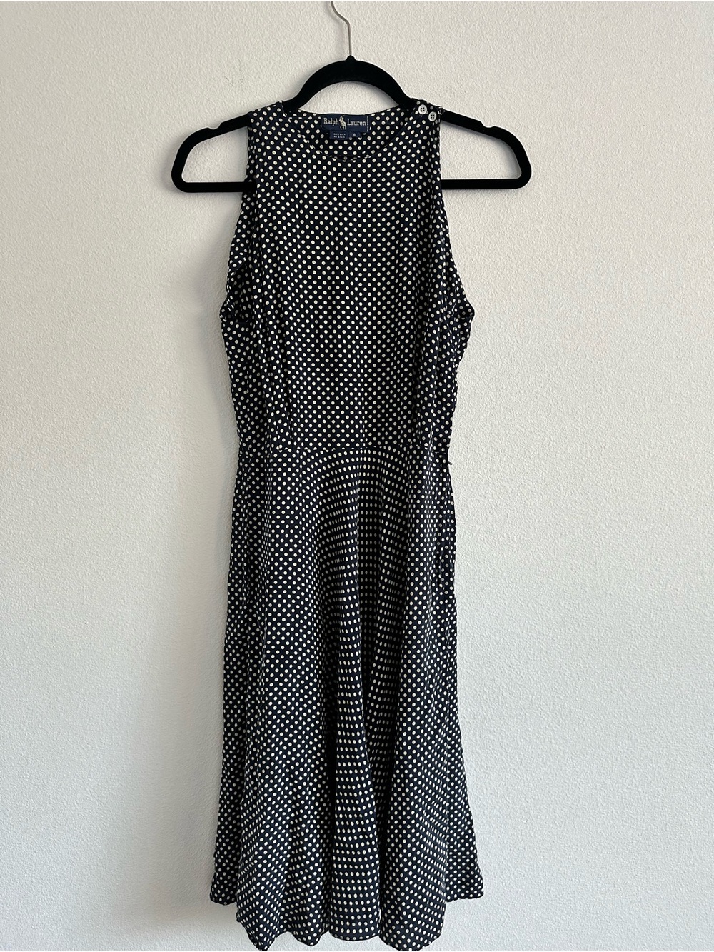 Vintage 90’s Ralph Lauren Navy Polka Dot Midi Dress 100% Silk Size 6 Minimalist